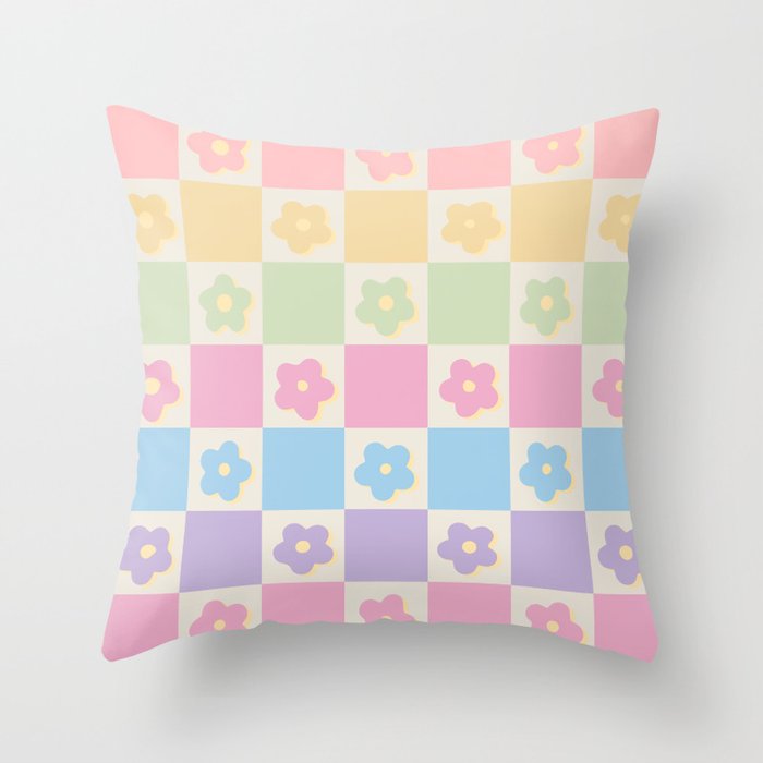 Checkered Flower Power Danish Pastel Rainbow Tones Throw Pillow Gallery Image 6