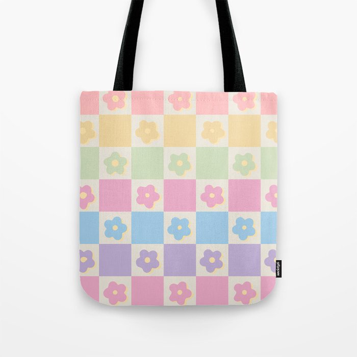 Checkered Flower Power Danish Pastel Rainbow Tones Tote Bag Gallery Image 1