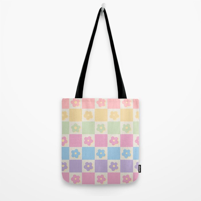 Checkered Flower Power Danish Pastel Rainbow Tones Tote Bag Gallery Image 2