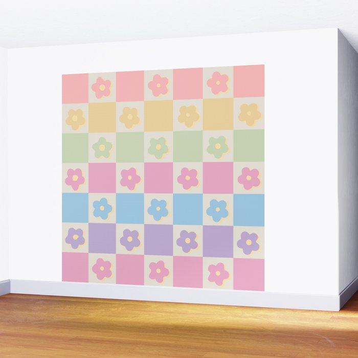 Checkered Flower Power Danish Pastel Rainbow Tones Wall Mural Gallery Image 2