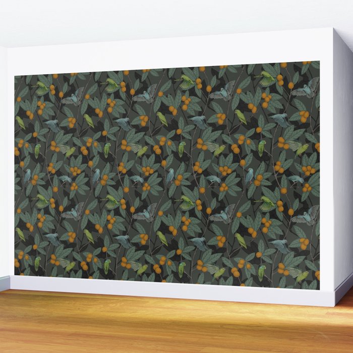 Green & Turquoise Parrotlets and Loquats Wall Mural Gallery Image 2