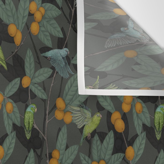 Green & Turquoise Parrotlets and Loquats Wall Tapestry Gallery Image 3