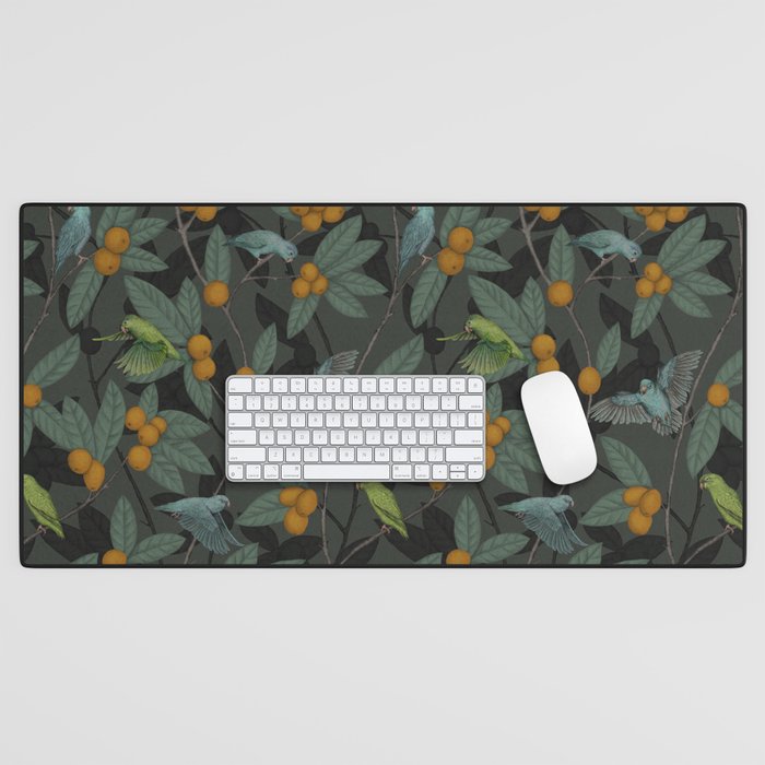 Green & Turquoise Parrotlets and Loquats Desk Mat Gallery Image 1