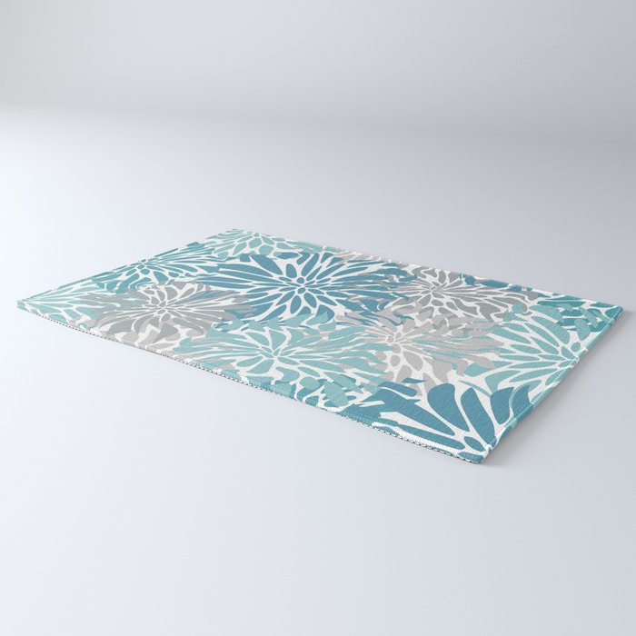 Chic, Flowers Print, Grey, Teal, Turquoise Rug Gallery Image 3