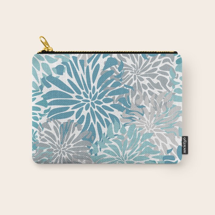 Chic, Flowers Print, Grey, Teal, Turquoise Carry All Pouch Gallery Image 1