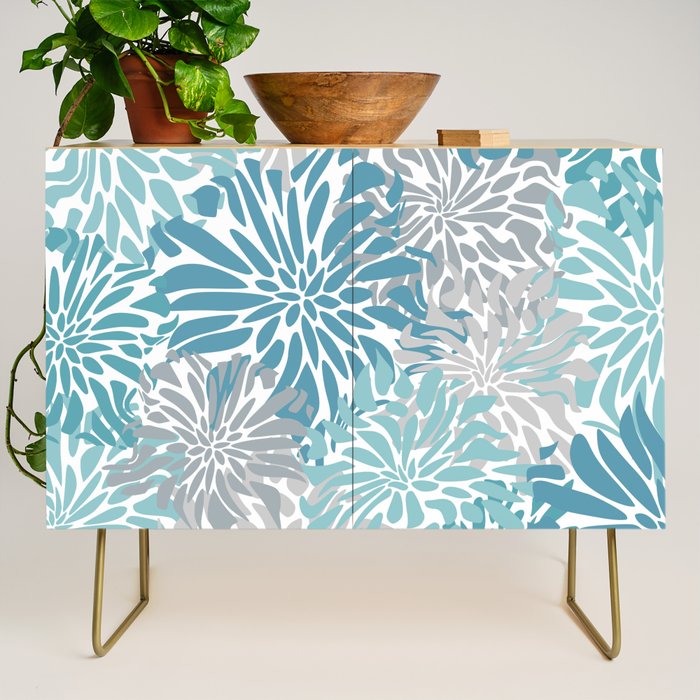 Chic, Flowers Print, Grey, Teal, Turquoise Credenza Gallery Image 1