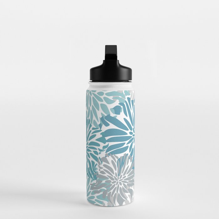 Chic, Flowers Print, Grey, Teal, Turquoise Water Bottle Gallery Image 3