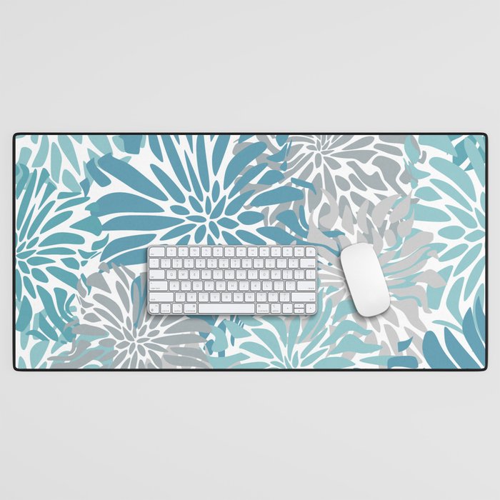 Chic, Flowers Print, Grey, Teal, Turquoise Desk Mat Gallery Image 1