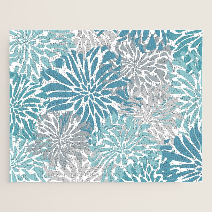 Chic, Flowers Print, Grey, Teal, Turquoise Jigsaw Puzzle Gallery Image 1
