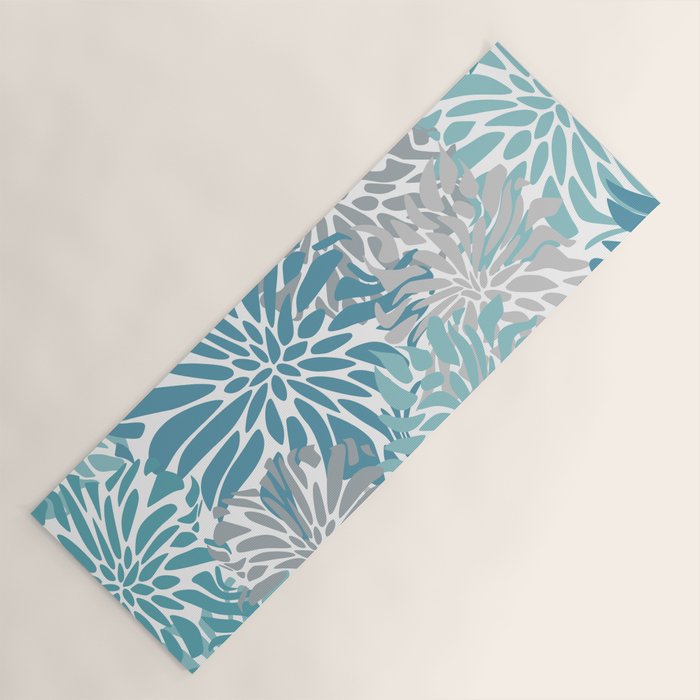 Chic, Flowers Print, Grey, Teal, Turquoise Yoga Mat Gallery Image 1