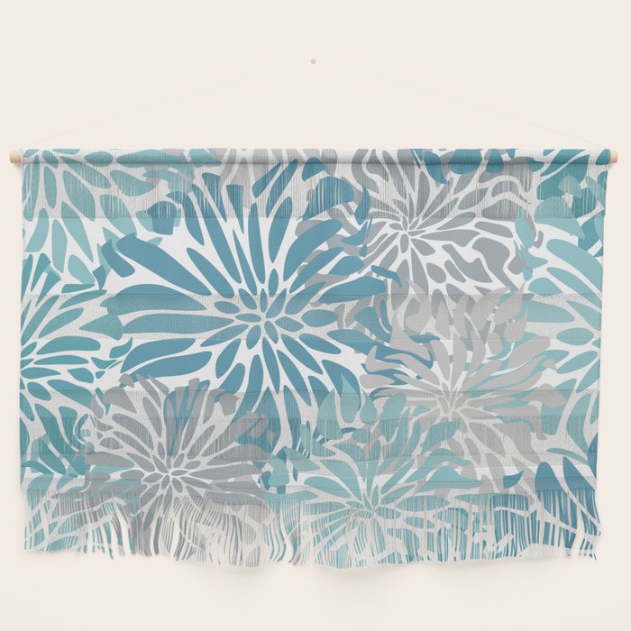Chic, Flowers Print, Grey, Teal, Turquoise Wall Hanging Gallery Image 1
