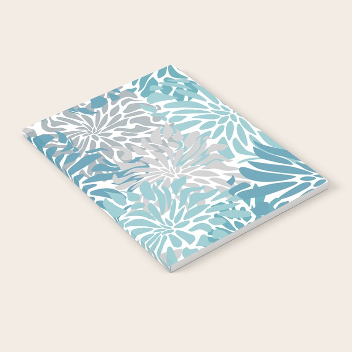 Chic, Flowers Print, Grey, Teal, Turquoise Notebook Gallery Image 1