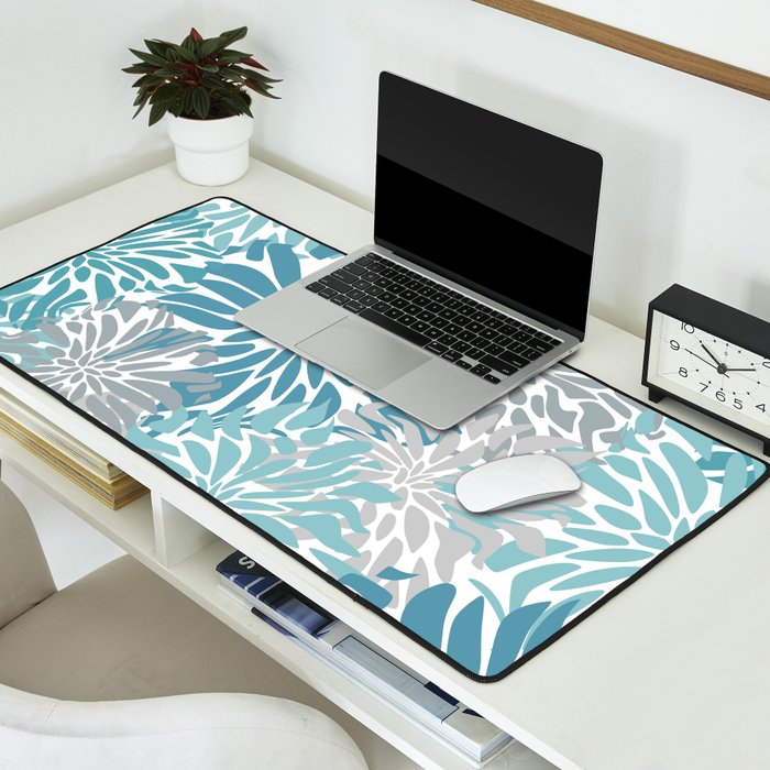 Chic, Flowers Print, Grey, Teal, Turquoise Desk Mat Gallery Image 2