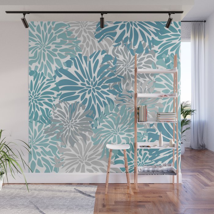 Chic, Flowers Print, Grey, Teal, Turquoise Wall Mural Gallery Image 1