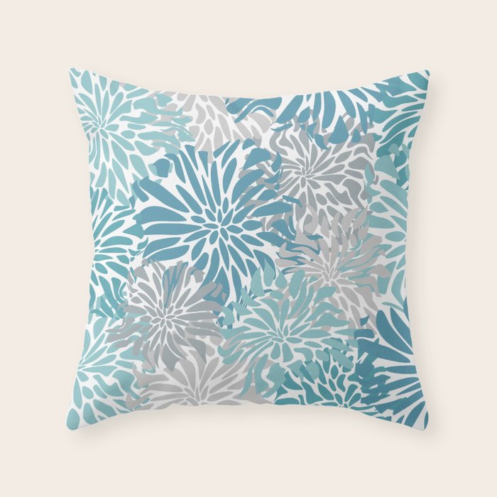 Chic, Flowers Print, Grey, Teal, Turquoise Throw Pillow Gallery Image 6