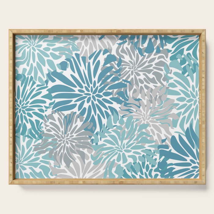 Chic, Flowers Print, Grey, Teal, Turquoise Serving Tray Gallery Image 1