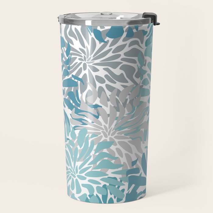 Chic, Flowers Print, Grey, Teal, Turquoise Travel Mug Gallery Image 2