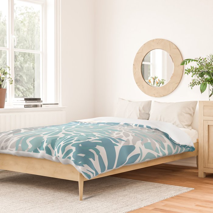 Chic, Flowers Print, Grey, Teal, Turquoise Duvet Cover Gallery Image 2