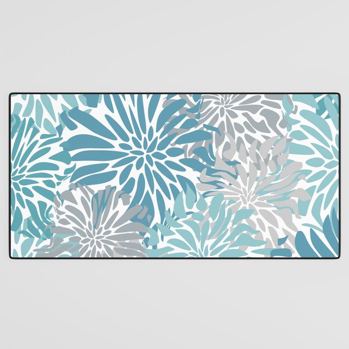 Chic, Flowers Print, Grey, Teal, Turquoise Desk Mat Gallery Image 3
