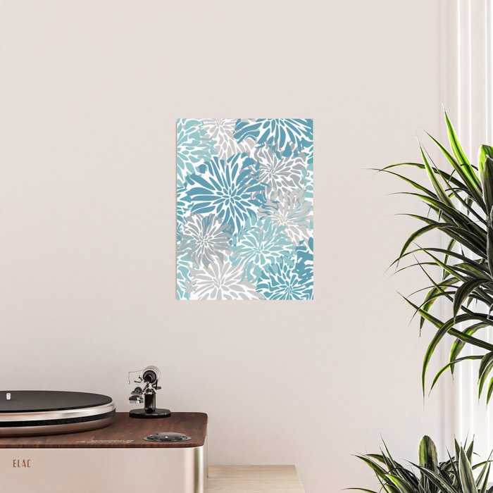 Chic, Flowers Print, Grey, Teal, Turquoise Poster Gallery Image 2