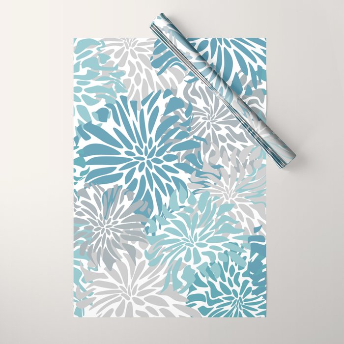 Chic, Flowers Print, Grey, Teal, Turquoise Wrapping Paper Gallery Image 1