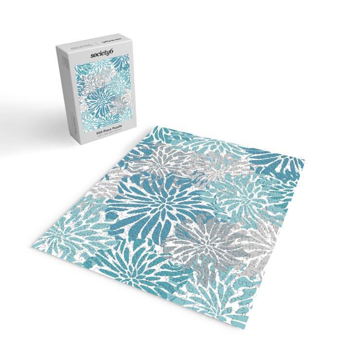 Chic, Flowers Print, Grey, Teal, Turquoise Jigsaw Puzzle Gallery Image 2