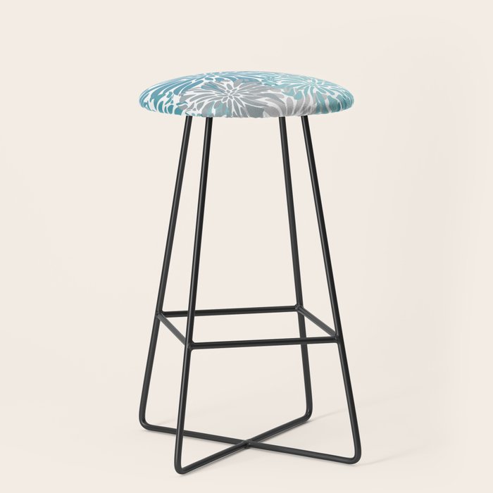 Chic, Flowers Print, Grey, Teal, Turquoise Stool Gallery Image 1