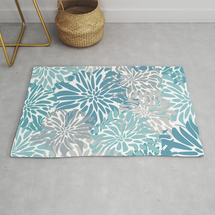 Chic, Flowers Print, Grey, Teal, Turquoise Rug Gallery Image 1