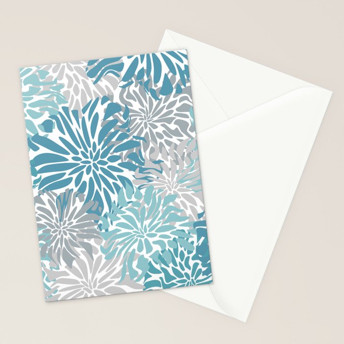 Chic, Flowers Print, Grey, Teal, Turquoise Stationery Card Gallery Image 2