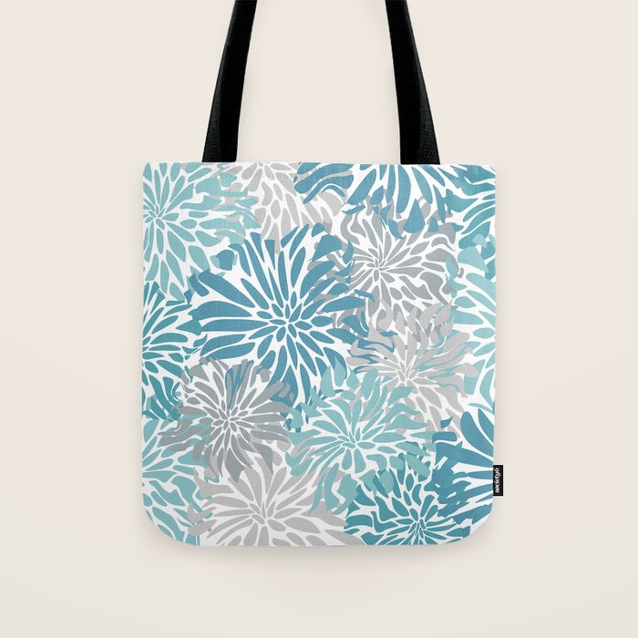Chic, Flowers Print, Grey, Teal, Turquoise Tote Bag Gallery Image 1