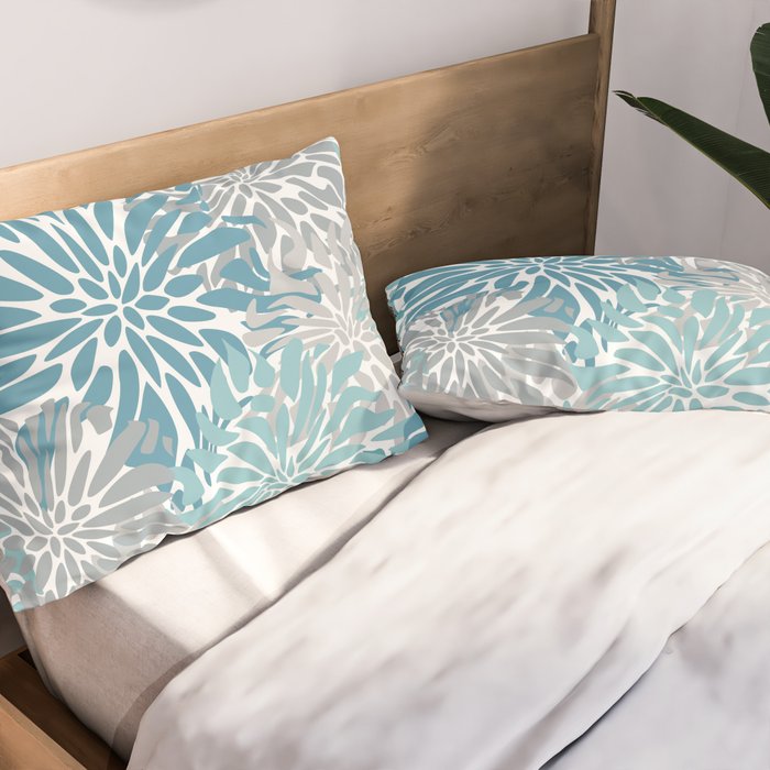 Chic, Flowers Print, Grey, Teal, Turquoise Pillow Sham Gallery Image 2