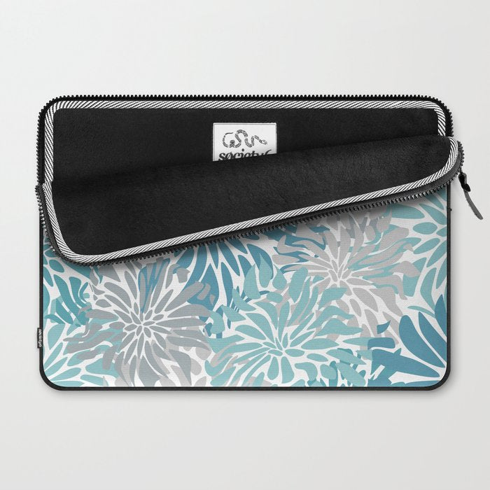 Chic, Flowers Print, Grey, Teal, Turquoise Laptop Sleeve Gallery Image 2
