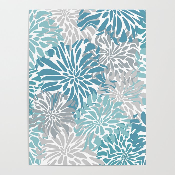 Chic, Flowers Print, Grey, Teal, Turquoise Poster Gallery Image 1