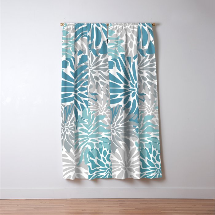 Chic, Flowers Print, Grey, Teal, Turquoise Window Curtain Gallery Image 3