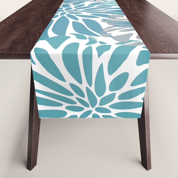 Chic, Flowers Print, Grey, Teal, Turquoise Table Runner Gallery Image 1
