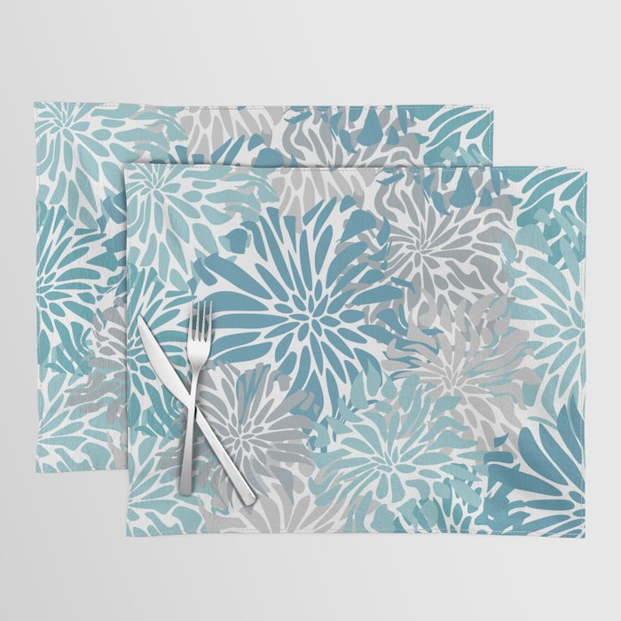 Chic, Flowers Print, Grey, Teal, Turquoise Placemat Gallery Image 1