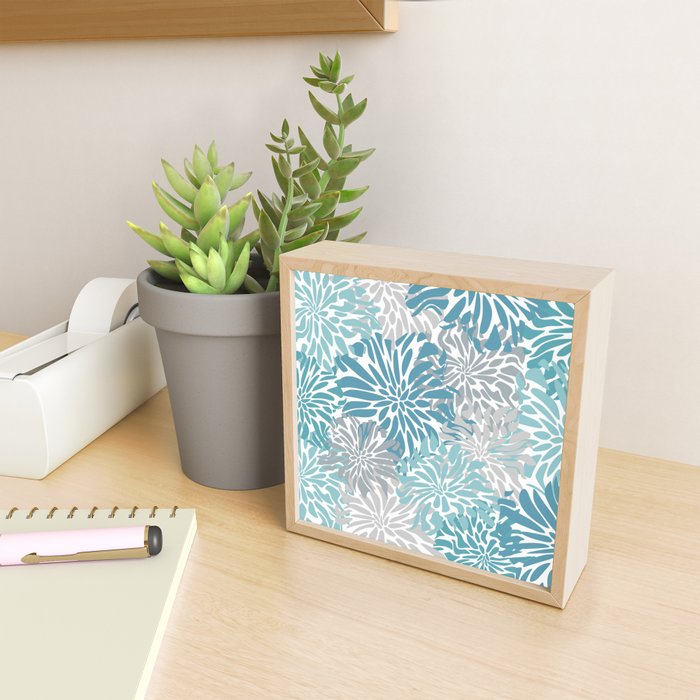Chic, Flowers Print, Grey, Teal, Turquoise Mini Art Print Gallery Image 2