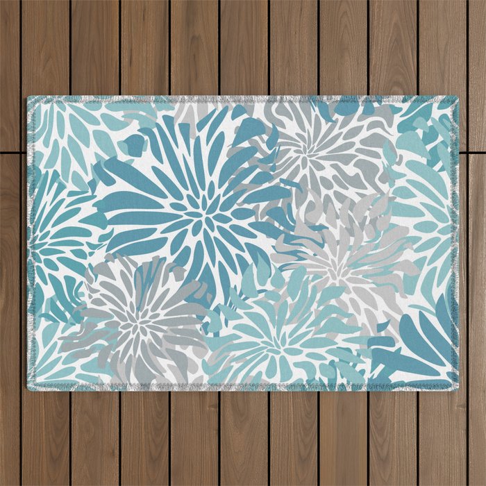 Chic, Flowers Print, Grey, Teal, Turquoise Outdoor Rug Gallery Image 1