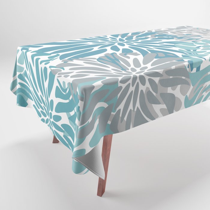 Chic, Flowers Print, Grey, Teal, Turquoise Tablecloth Gallery Image 1
