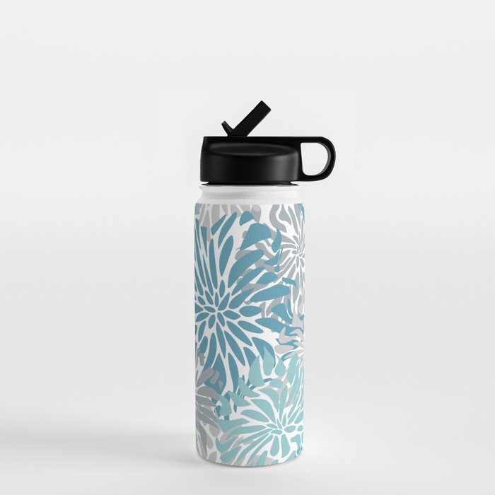 Chic, Flowers Print, Grey, Teal, Turquoise Water Bottle Gallery Image 1