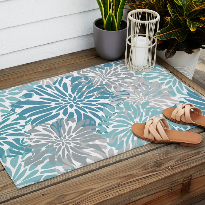 Chic, Flowers Print, Grey, Teal, Turquoise Outdoor Rug Gallery Image 2