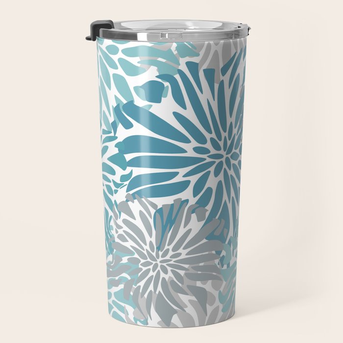 Chic, Flowers Print, Grey, Teal, Turquoise Travel Mug Gallery Image 3