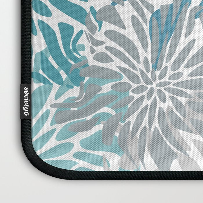 Chic, Flowers Print, Grey, Teal, Turquoise Laptop Sleeve Gallery Image 3
