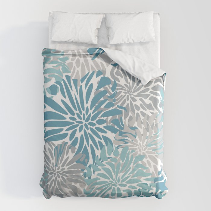 Chic, Flowers Print, Grey, Teal, Turquoise Duvet Cover Gallery Image 6