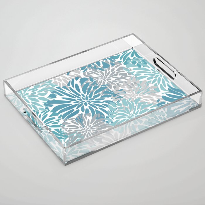 Chic, Flowers Print, Grey, Teal, Turquoise Acrylic Tray Gallery Image 1