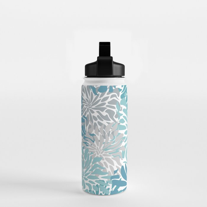 Chic, Flowers Print, Grey, Teal, Turquoise Water Bottle Gallery Image 2