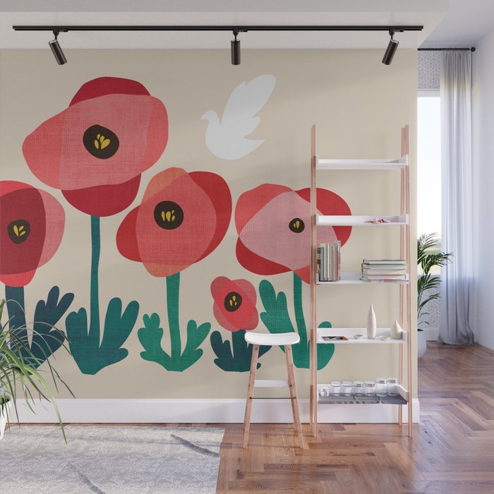 Poppy flowers and bird Wall Mural Gallery Image 1