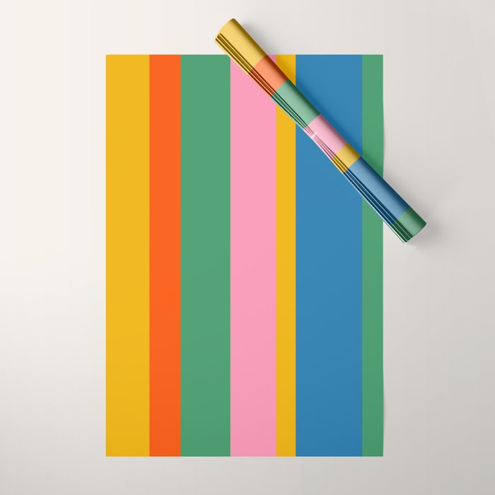 Colorful Retro Modern Vertical Stripe Pattern Blue Green Pink Orange Mustard Wrapping Paper Gallery Image 1