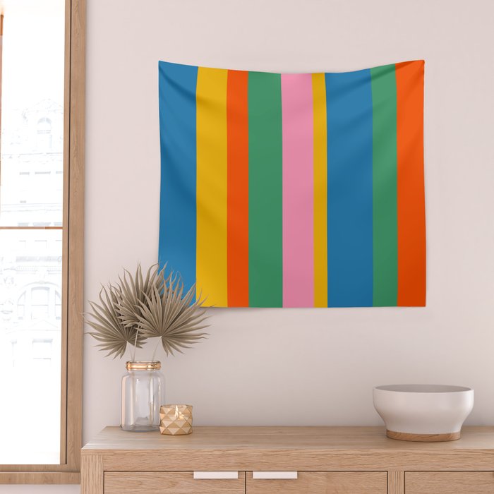 Colorful Retro Modern Vertical Stripe Pattern Blue Green Pink Orange Mustard Wall Tapestry Gallery Image 2