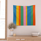 Colorful Retro Modern Vertical Stripe Pattern Blue Green Pink Orange Mustard Wall Tapestry Gallery Image 2